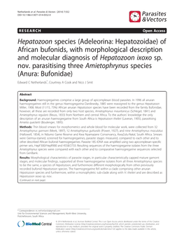 Adeleorina: Hepatozoidae) of African Bufonids, with Morphological Description and Molecular Diagnosis of Hepatozoon Ixoxo Sp