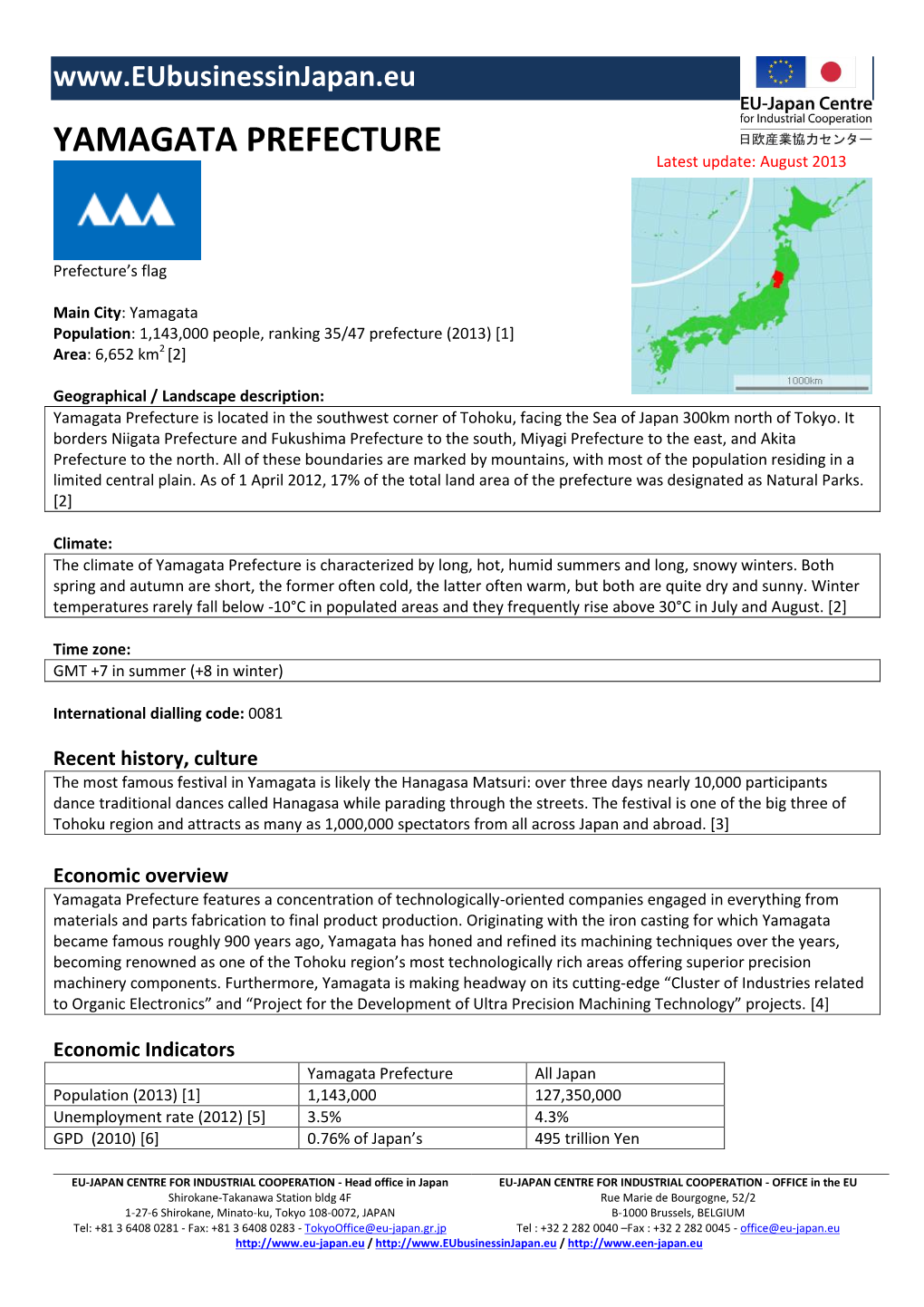 YAMAGATA PREFECTURE Latest Update: August 2013