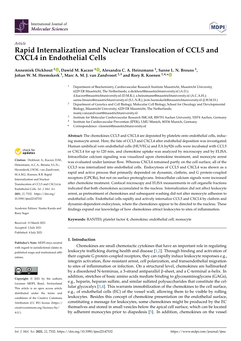 Rapid Internalization and Nuclear Translocation of CCL5 and CXCL4 in Endothelial Cells