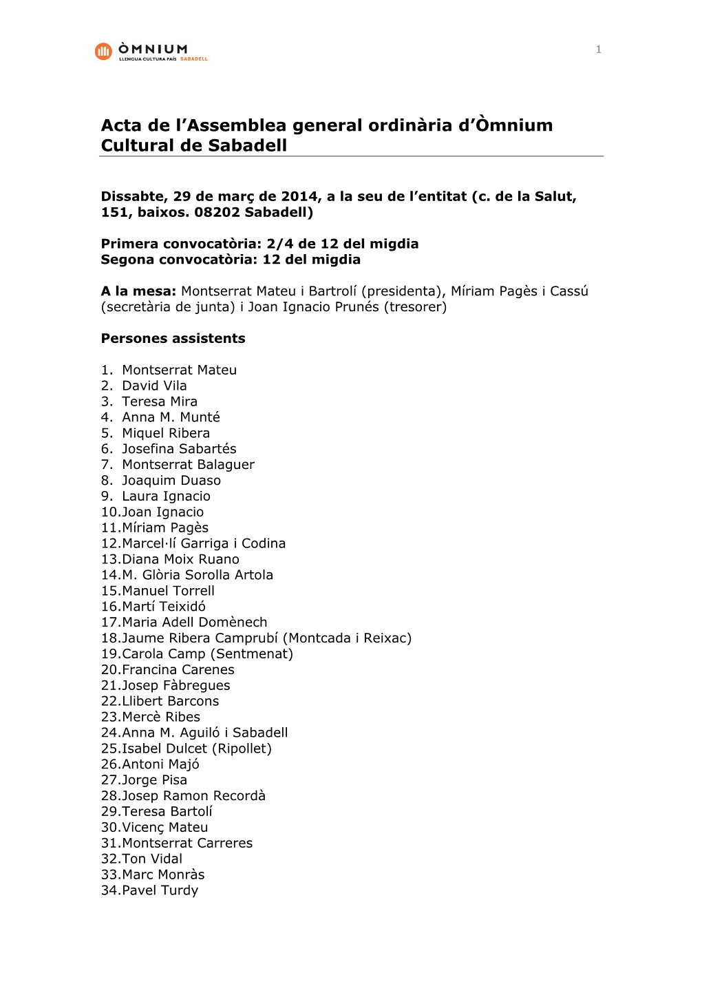 Acta De L'assemblea General Ordinària D'òmnium Cultural De Sabadell