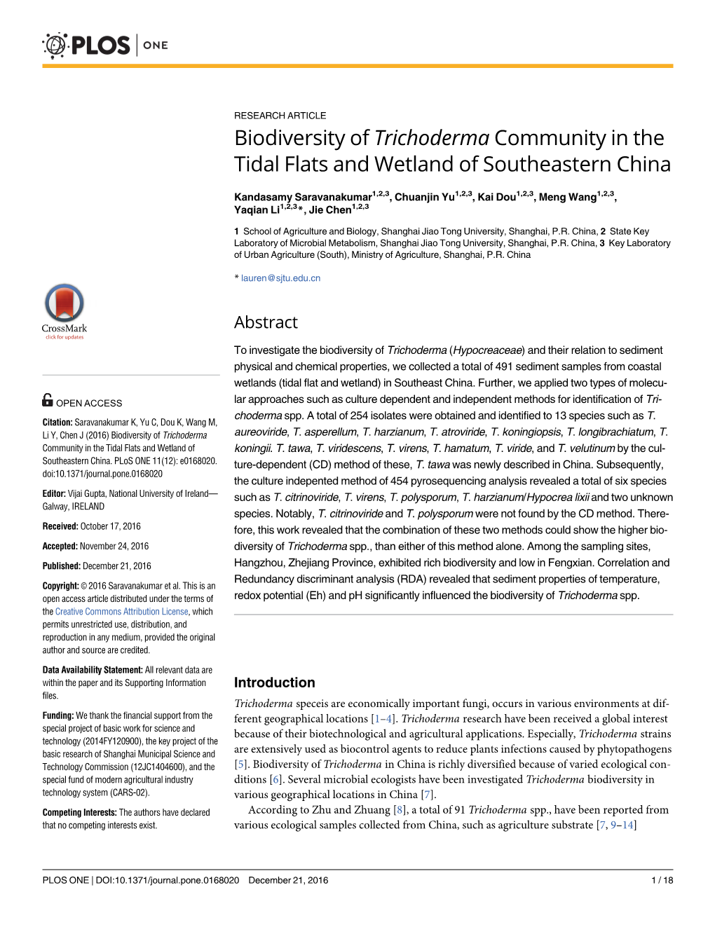 Biodiversity of Trichoderma Community in the Tidal Flats and Wetland of Southeastern China