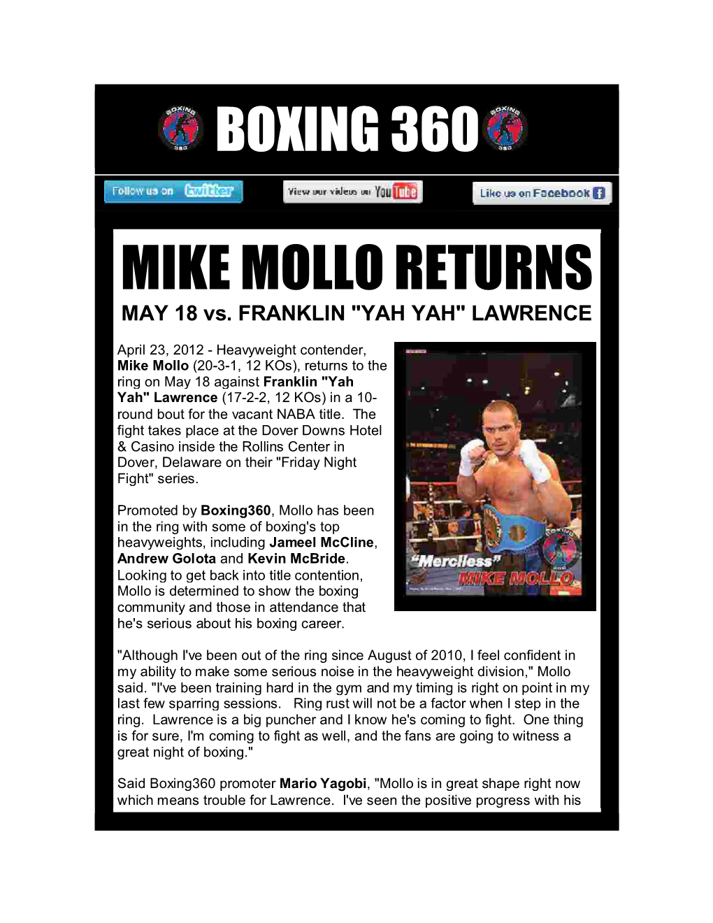 MIKE MOLLO RETURNS MAY 18 Vs