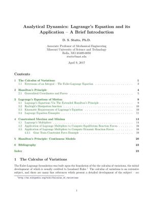 Analytical Dynamics: Lagrange's Equation and Its Application