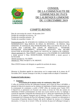 Conseil De La Communaute De Communes Du Pays De Lalbenque-Limogne Du 13 Decembre 2019