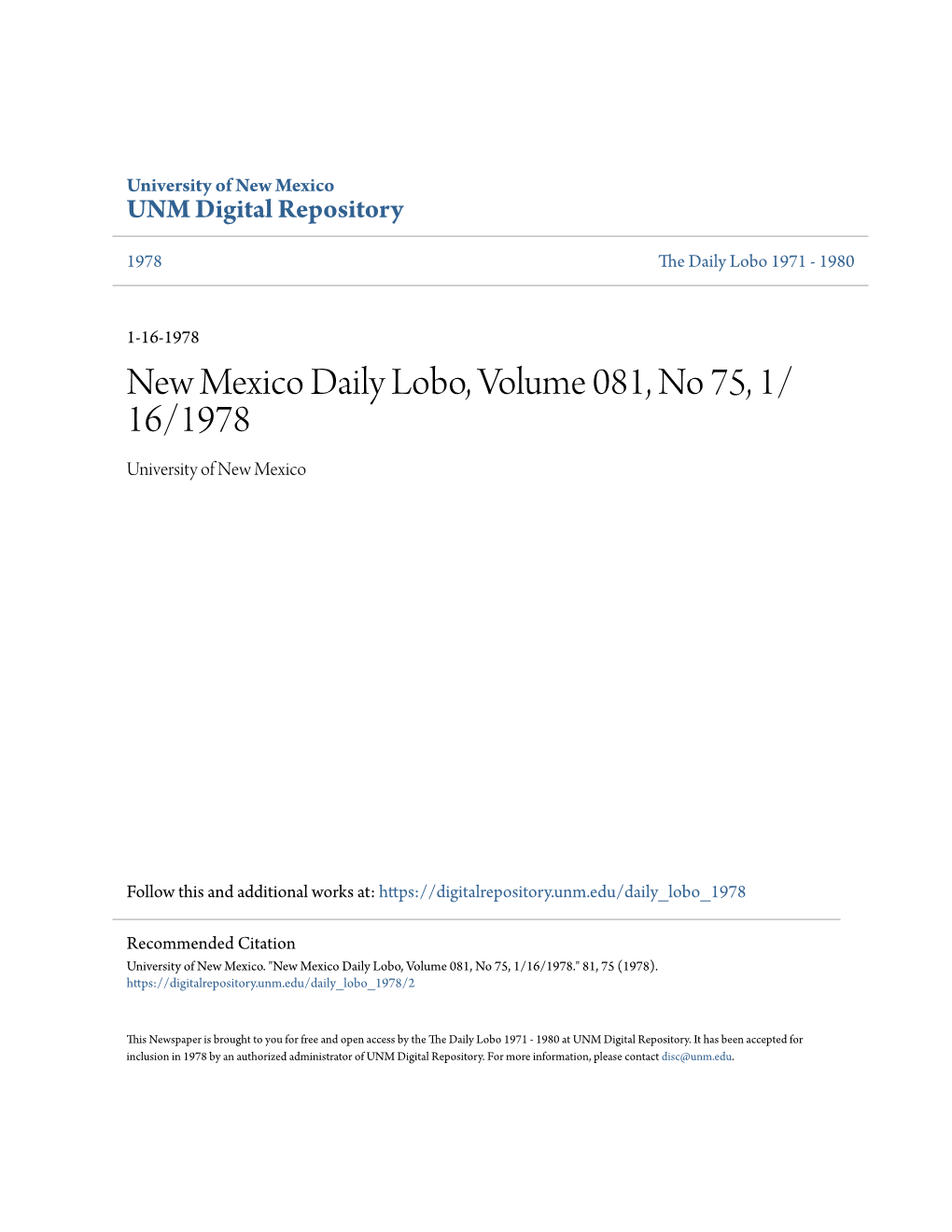 New Mexico Daily Lobo, Volume 081, No 75, 1/16/1978." 81, 75 (1978)