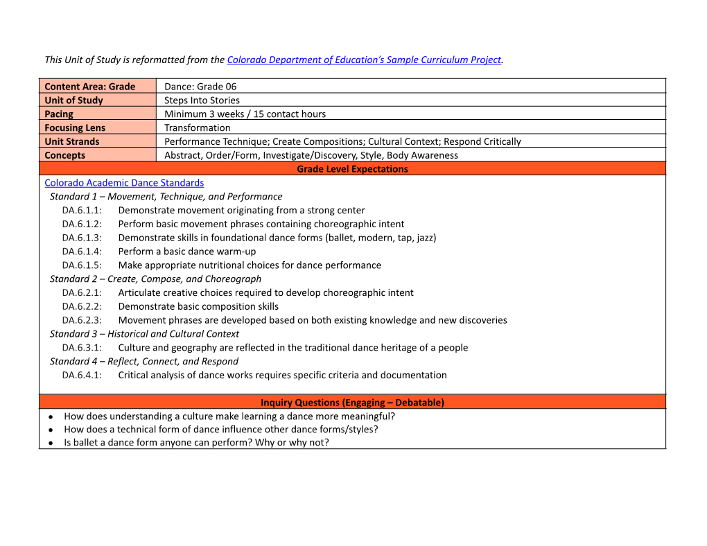 Dance Unit Steps Into Stories, G6.Docx
