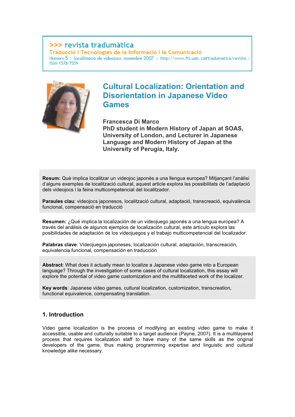 Cultural Localization: Orientation and Disorientation in Japanese Video Games