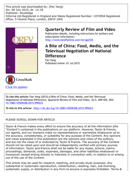 A Bite of China: Food, Media, and the Televisual Negotiation of National Difference Fan Yang Published Online: 01 Jul 2015