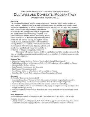 Cultures and Contexts: Modern Italy Professor R