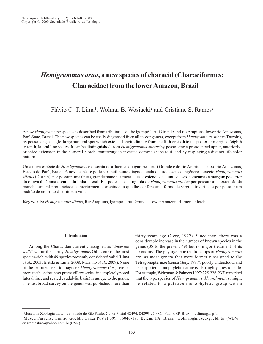 Hemigrammus Arua, a New Species of Characid (Characiformes: Characidae) from the Lower Amazon, Brazil