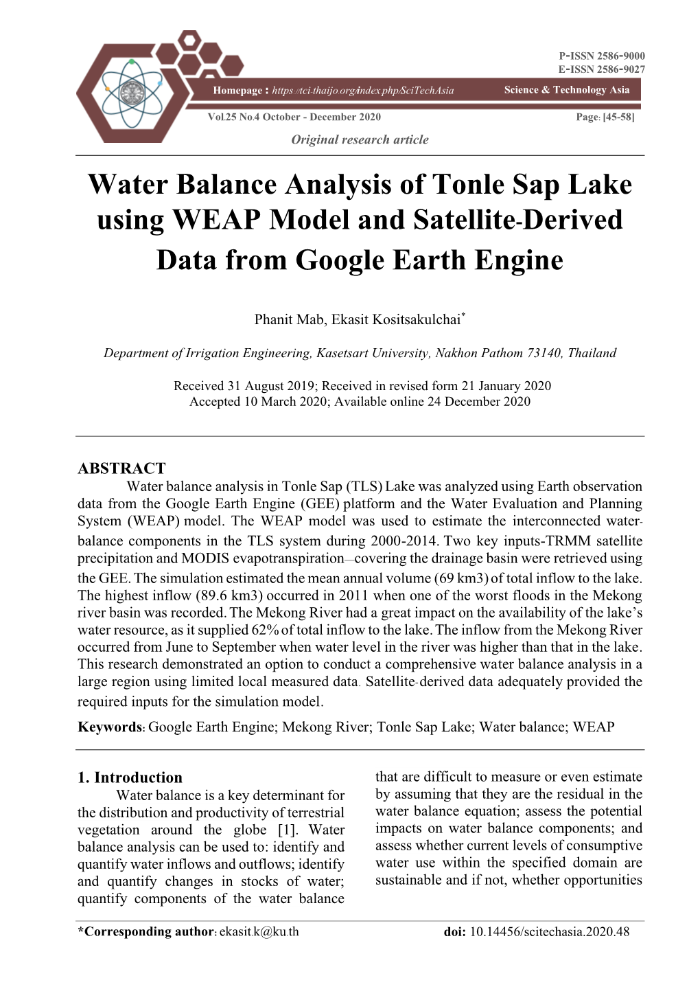 Water Balance Analysis of Tonle Sap Lake Using WEAP Model and Satellite-Derived Data from Google Earth Engine