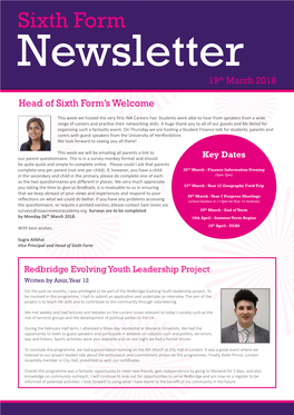 Sixth Form Newsletter 19Th March 2018