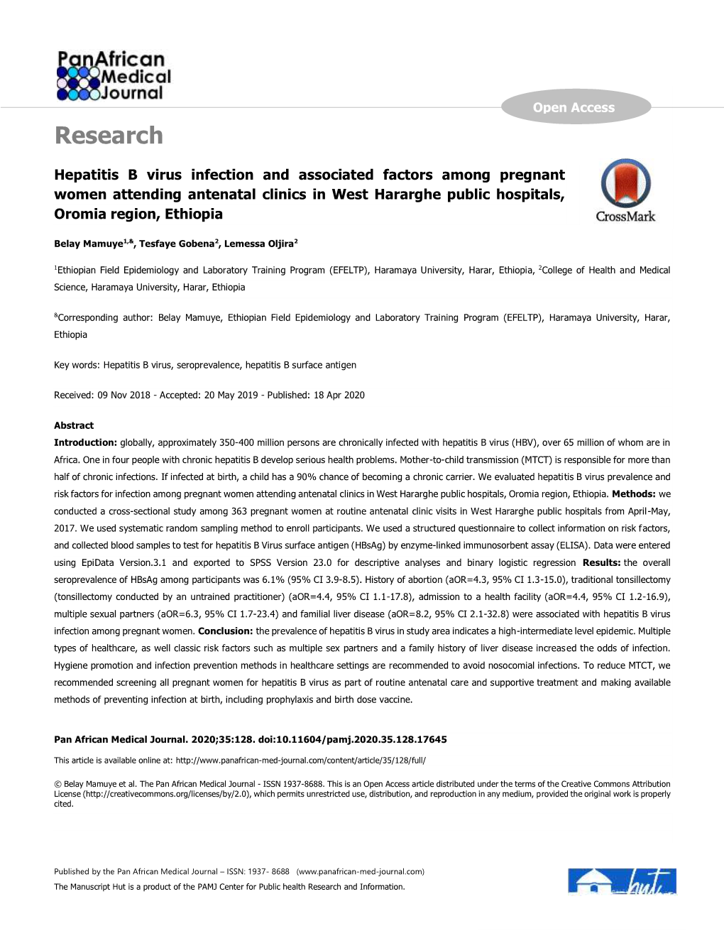 Hepatitis B Virus Infection and Associated Factors Among Pregnant Women Attending Antenatal Clinics in West Hararghe Public Hospitals, Oromia Region, Ethiopia