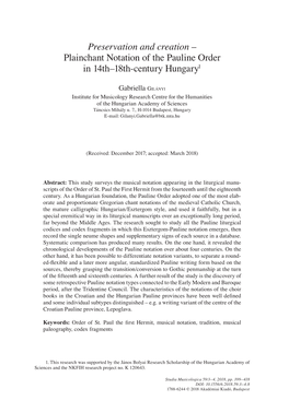 Plainchant Notation of the Pauline Order in 14Th–18Th-Century Hungary1