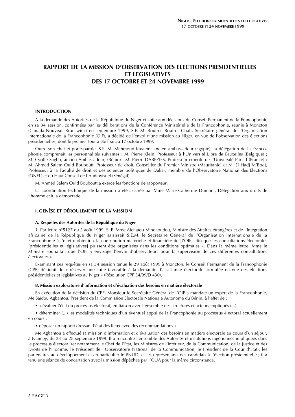 Niger – Elections Presidentielles Et Legislatives 17 Octobre Et 24 Novembre 1999