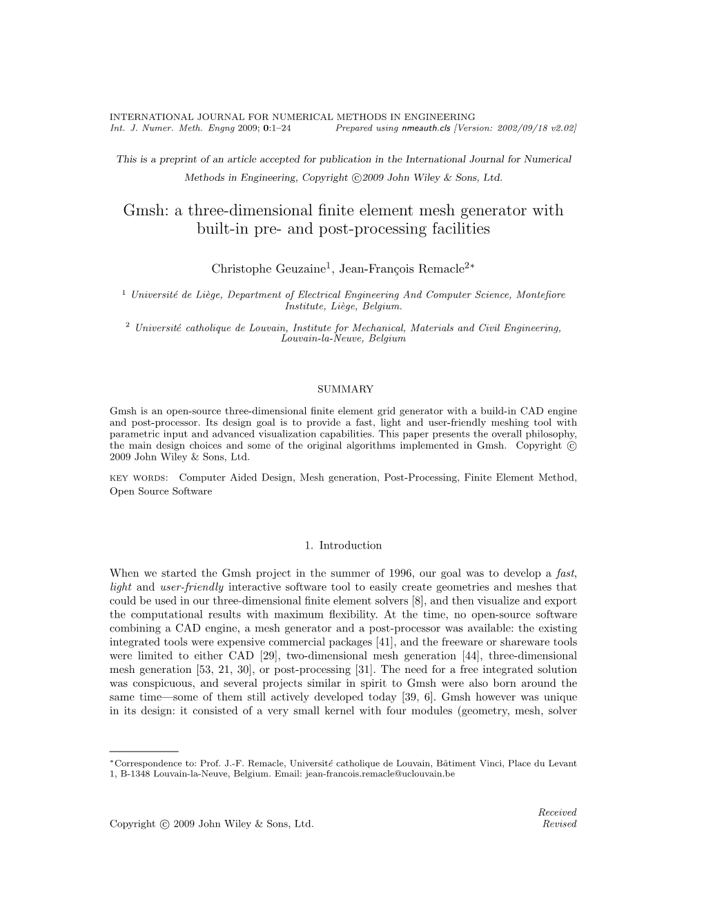 A Three-Dimensional Finite Element Mesh Generator with Built-In Pre- and Post-Processing Facilities