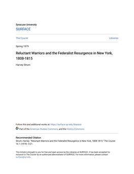 Reluctant Warriors and the Federalist Resurgence in New York, 1808-1815
