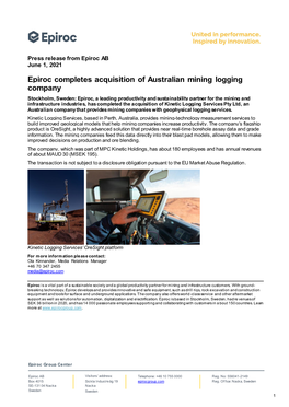 Epiroc Completes Acquisition of Australian Mining Logging Company