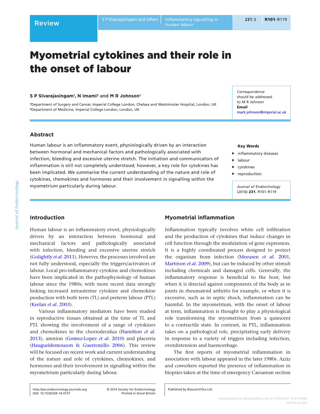 Myometrial Cytokines and Their Role in the Onset of Labour