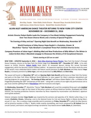 Alvin Ailey American Dance Theater Returns to New York City Center November 30 – December 31, 2016