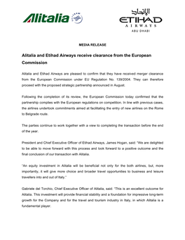 Alitalia and Etihad Airways Receive Clearance from the European Commission