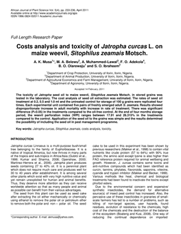 Costs Analysis and Toxicity of Jatropha Curcas L. on Maize Weevil, Sitophilus Zeamais Motsch