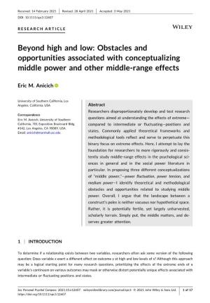 Beyond High and Low: Obstacles and Opportunities Associated with Conceptualizing Middle Power and Other Middle‐Range Effects