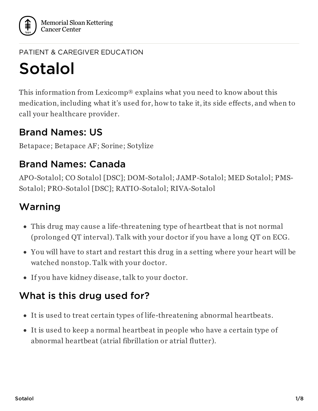 Sotalol | Memorial Sloan Kettering Cancer Center