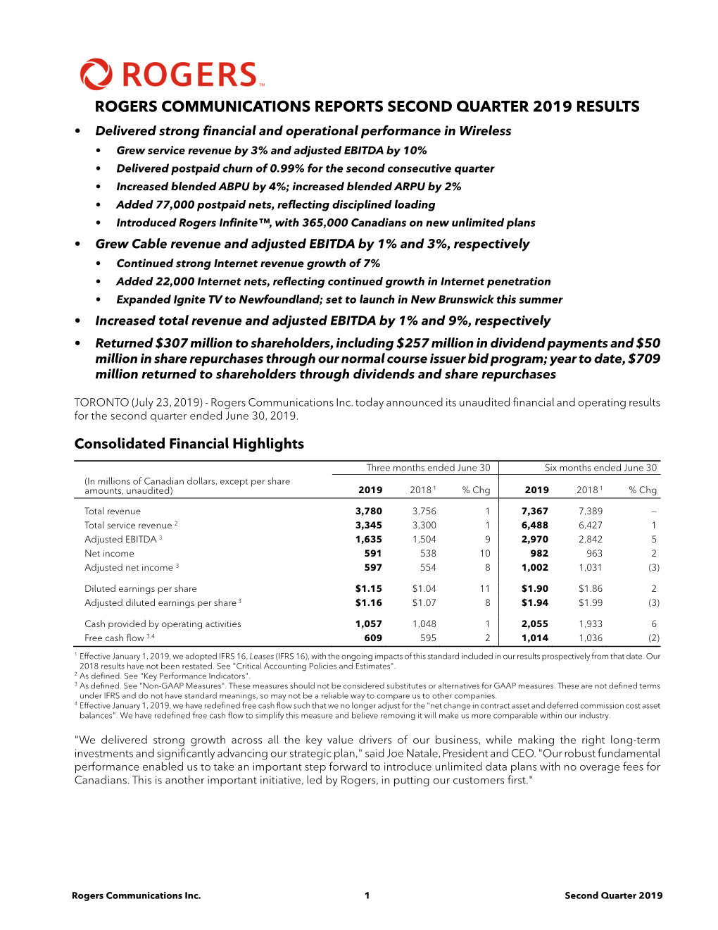 Rogers Communications Reports Second Quarter