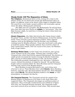 Study Guide #28 the Expansion of Islam the Caliphate