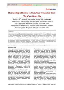 Pharmacological Review on Hedychium Coronarium Koen. : the White Ginger Lily