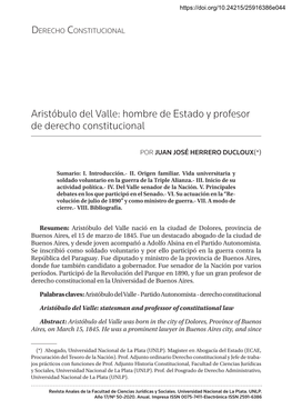 Aristóbulo Del Valle: Hombre De Estado Y Profesor De Derecho Constitucional