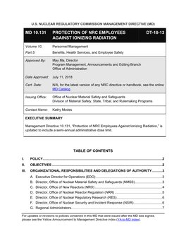 Management Directive 10.131, "Protection of NRC Employees Against Ionizing Radiation."