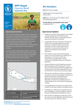 WFP Nepal Rin Numbers Country Brief September 2018 4.6 M Food Insecure People