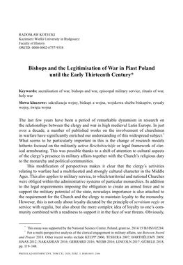 Bishops and the Legitimisation of War in Piast Poland Until the Early Thirteenth Century*