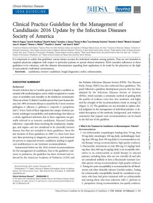 Clinical Practice Guideline for the Management of Candidiasis: 2016 Update by the Infectious Diseases Society of America Peter G
