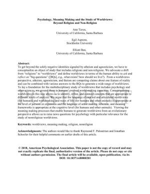 Psychology, Meaning Making and the Study of Worldviews: Beyond Religion and Non-Religion