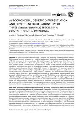 MITOCHONDRIAL GENETIC DIFFERENTIATION and PHYLOGENETIC RELATIONSHIPS of THREE Eptesicus (Histiotus) SPECIES in a CONTACT ZONE in PATAGONIA Analía L