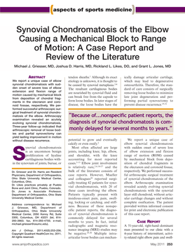 Synovial Chondromatosis of the Elbow Causing a Mechanical Block to Range of Motion: a Case Report and Review of the Literature Michael J