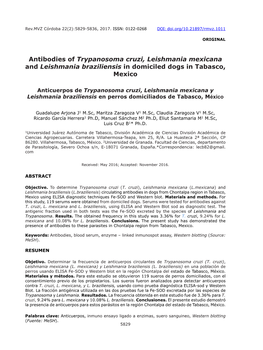 Antibodies of Trypanosoma Cruzi, Leishmania Mexicana and Leishmania Braziliensis in Domiciled Dogs in Tabasco, Mexico