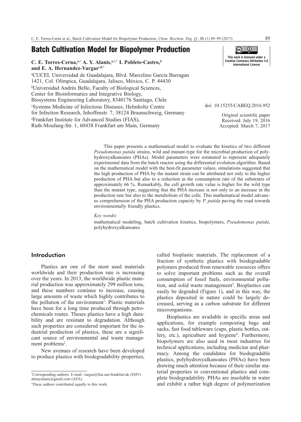 Batch Cultivation Model for Biopolymer Production, Chem