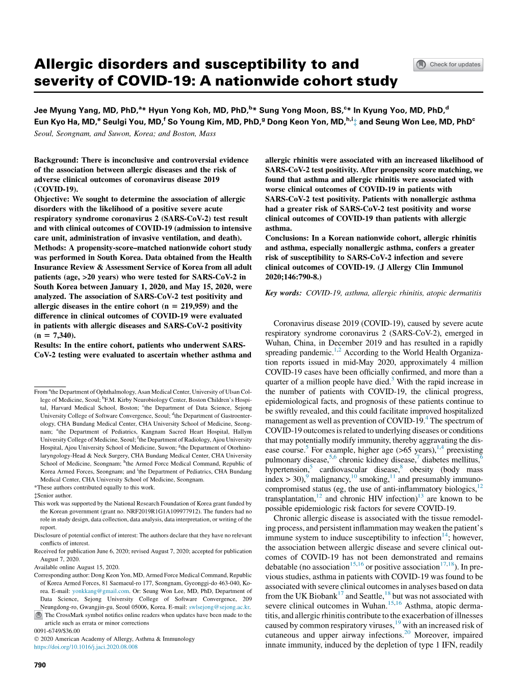 Allergic Disorders and Susceptibility to and Severity of COVID-19: A&Nbsp;Nationwide Cohort Study