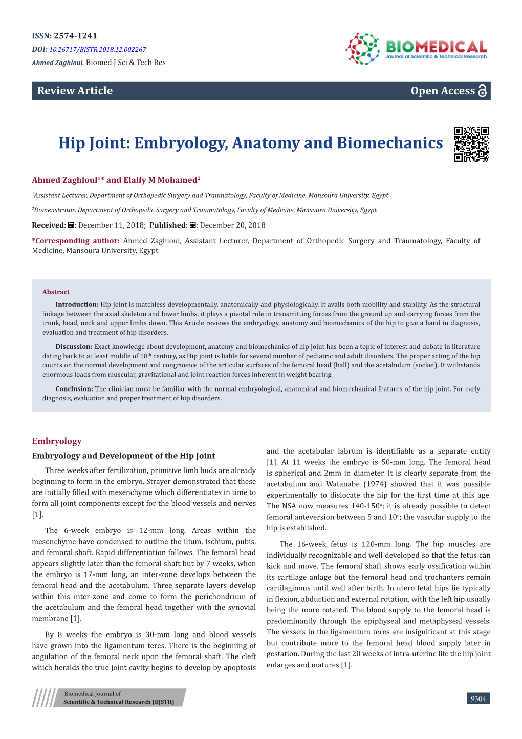 Hip Joint: Embryology, Anatomy and Biomechanics