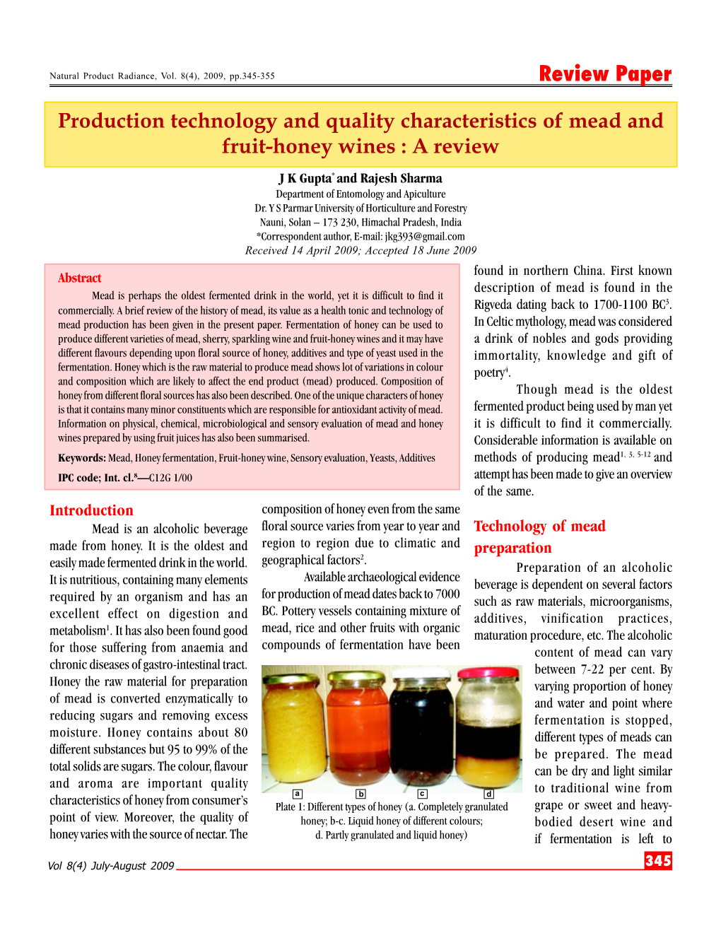 Review Paper Production Technology and Quality Characteristics of Mead