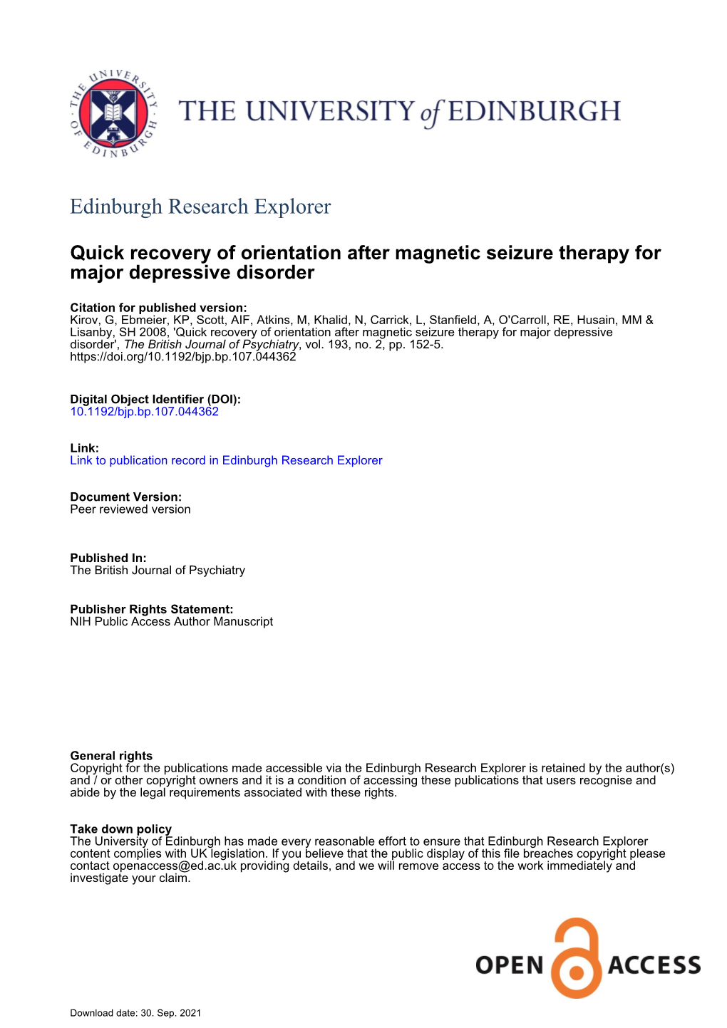 Quick Recovery of Orientation After Magnetic Seizure Therapy for Major Depressive Disorder