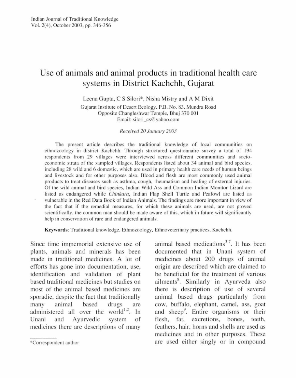 Use of Animals and Animal Products in Traditional Health Care Systems in District Kachchh, Gujarat