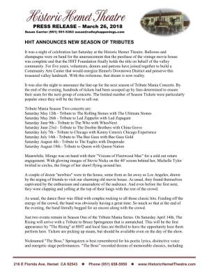 Hht Announces New Season of Tributes