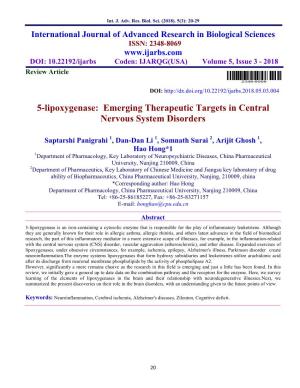 5-Lipoxygenase: Emerging Therapeutic Targets in Central Nervous System Disorders