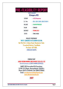 Pre-Feasibility Report for EARTH Quarry of P. Sundari, Tenkasi Taluk