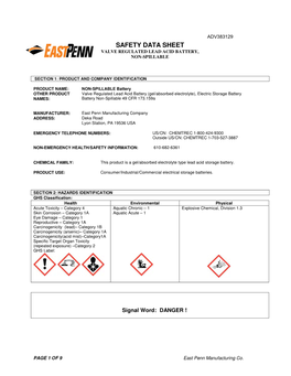 Safety Data Sheet Valve Regulated Lead Acid Battery, Non-Spillable